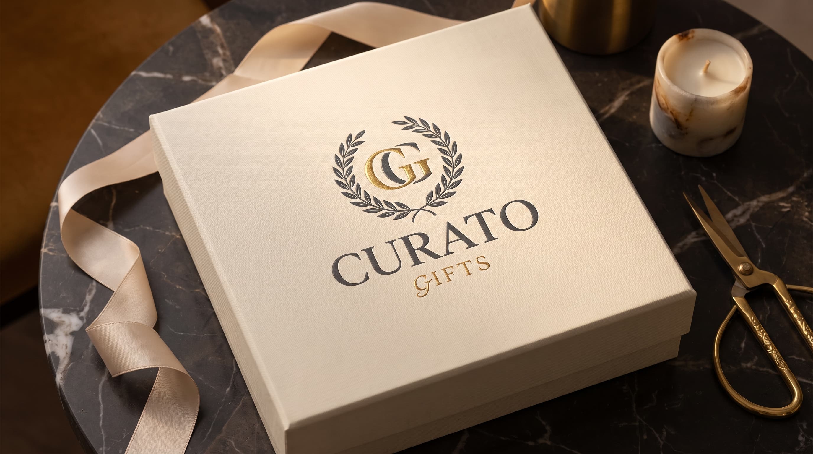 A cream Curato box, ribbon untied, resting open on a marble table.