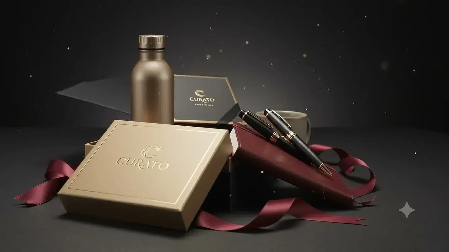 A Curato gift box in champagne and gold, foil-stamped with the CURATO wordmark, arranged with a matte metal bottle, a burgundy leather notebook, two pens, a cup and a length of burgundy satin ribbon.