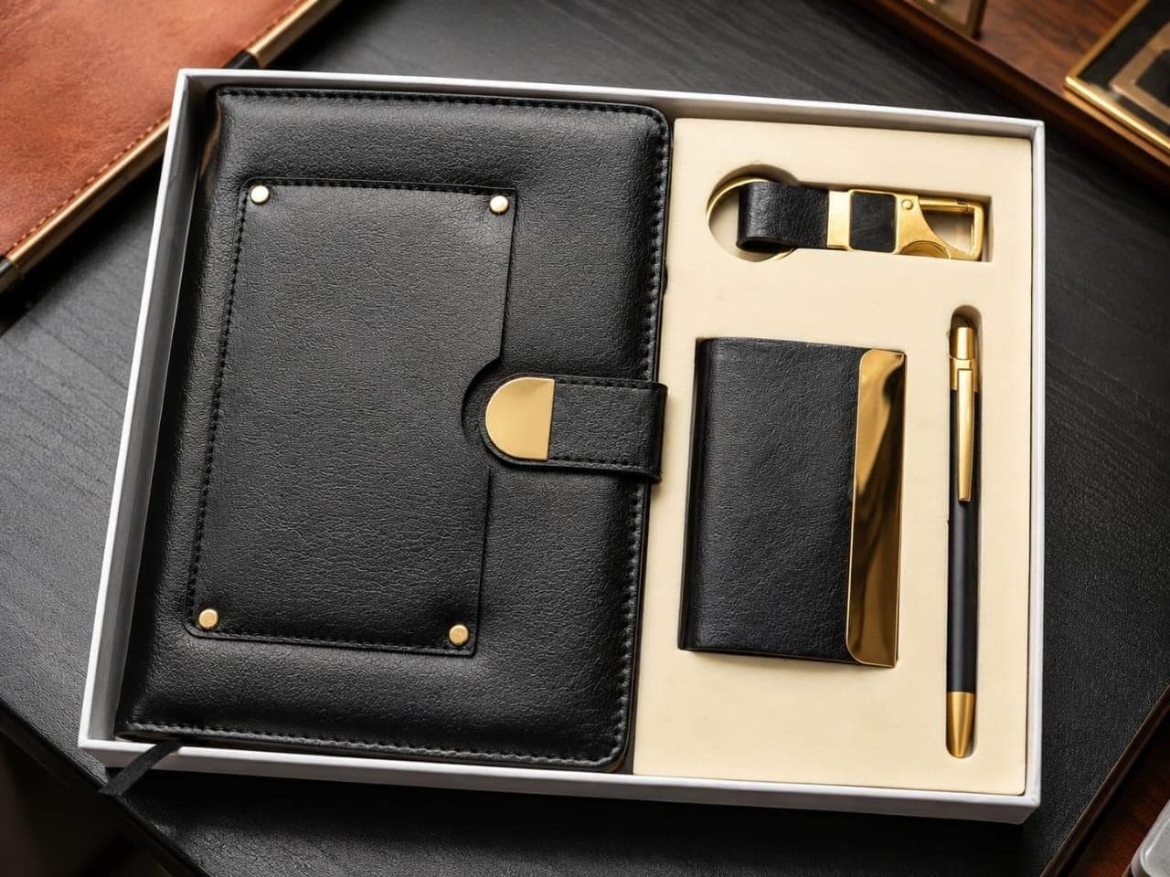 Black riveted notebook with half-moon brass clasp, brass card holder, keychain and gold-tipped pen in a cream gift tray