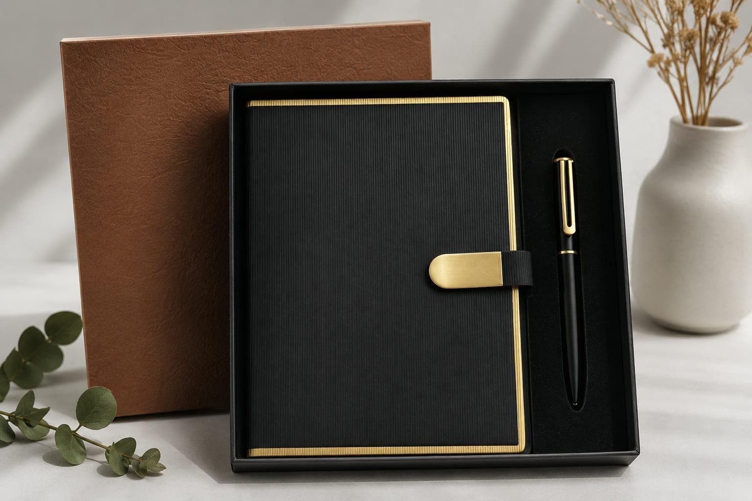 Black ribbed notebook with gilt page edges and a brushed-brass clasp beside a black-and-gold pen, seated in a black tray with a tan lid behind