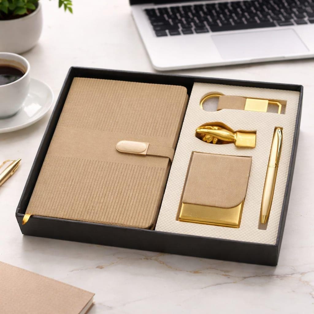 Sand corduroy-textured notebook with gold pen, keychain, card holder and sculpted gold desk clip in a black gift tray